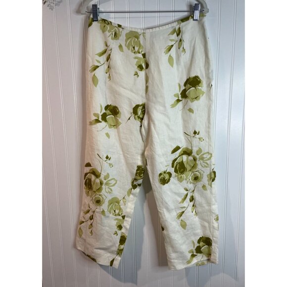 Edward Irish Linen Floral Pants Size 10 Womens Cream & Green - Picture 2 of 11
